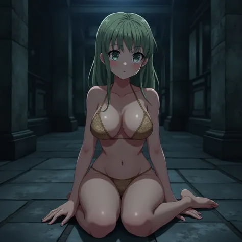 PANORAMIC SHOT, OPENING SHOT, FULL BODY SHOT, HEAD TO TOE SHOT, Anime girl, NAKED, BAREFOOT, ON GRANITE BLOCK FLOOR, Rear view (((Hourglass body type (90-50-90))) height 180 centimeters, 19 years old, naked, in sexy and sensual pose of Izuku Midoriyas siss...