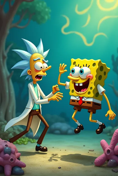 hyper realistic Rick Sanchez fighting SpongeBob the terrible