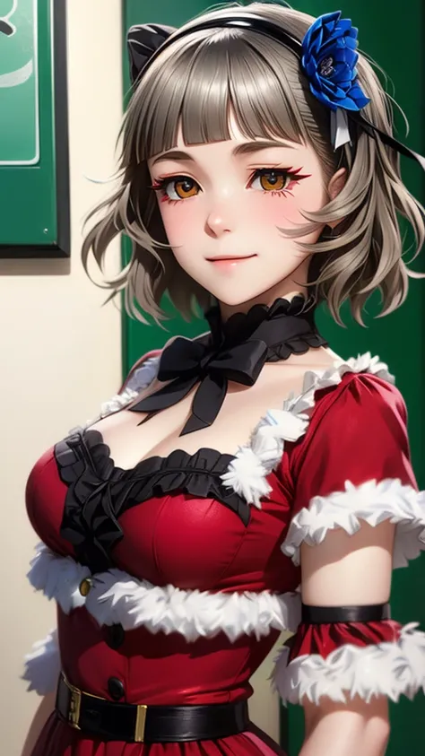 (((solo))), 1 woman, Sakuya Kurobane, sakuyaunif, kurobane_sakuya, (brown eyes), short hair, grey hair, black hairband, blue hair flower, red eyeliner, chest, blush, smile, (upper body), santa claus