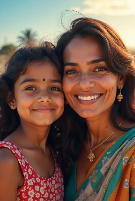 Desi Indian Modern Mom with daughter travel the world. With face infront