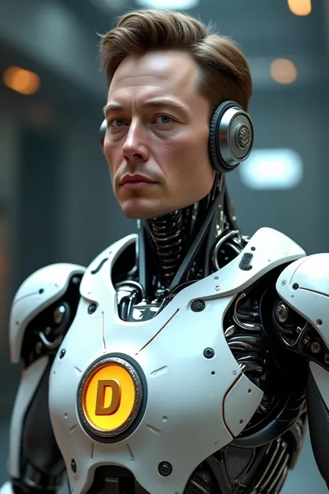 Create a realistic Elon Musk robot with a Dogecoin symbol