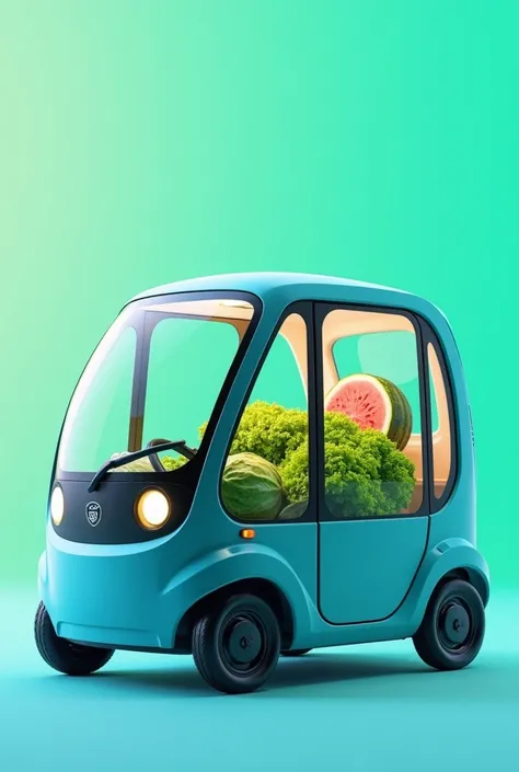 Unmanned food delivery vehicle with blue and green gradient, no text, no background image or scene, transparent background, background color is blue and green gradient, inside the vehicle cabbage, lettuce leaves, watermelon