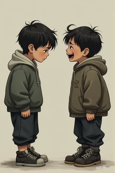 One boy standing sad and other boy laughing on hin