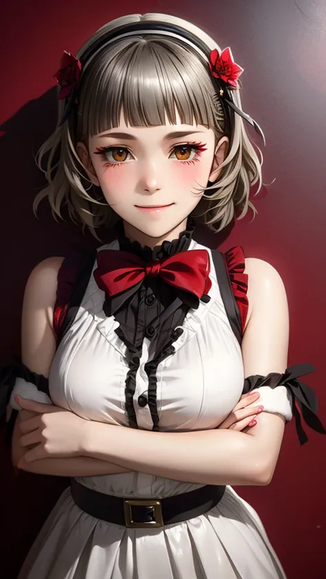 (((solo))), 1 woman, Sakuya Kurobane, sakuyaunif, kurobane_sakuya, (brown eyes), short hair, grey hair, black hairband, blue hair flower, red eyeliner, chest, blush, smile, (upper body), santa claus