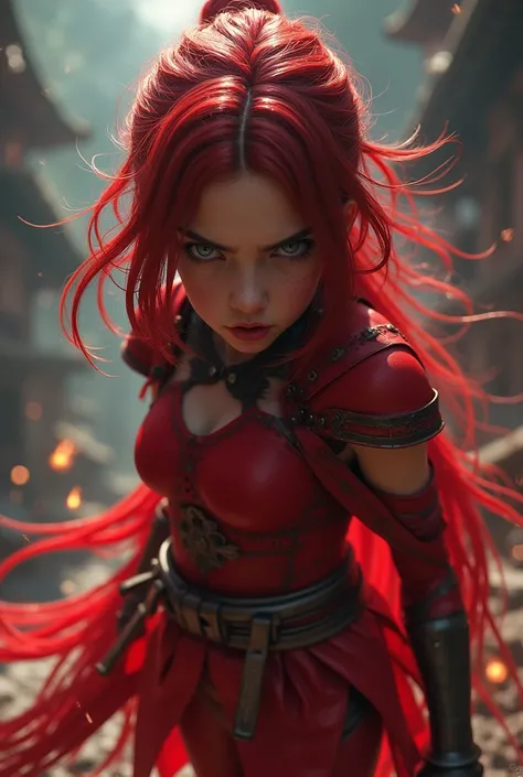 11yo young girl kunoichi fighting big monsters, she Looking at viewer,she wearing red tights clothing like marvel carnage,she has dark red hair,she with angry and fierce face, By Alfons Mucha, Unreal Engine, Cinematic Lighting, Perspective, Three Sided Vie...