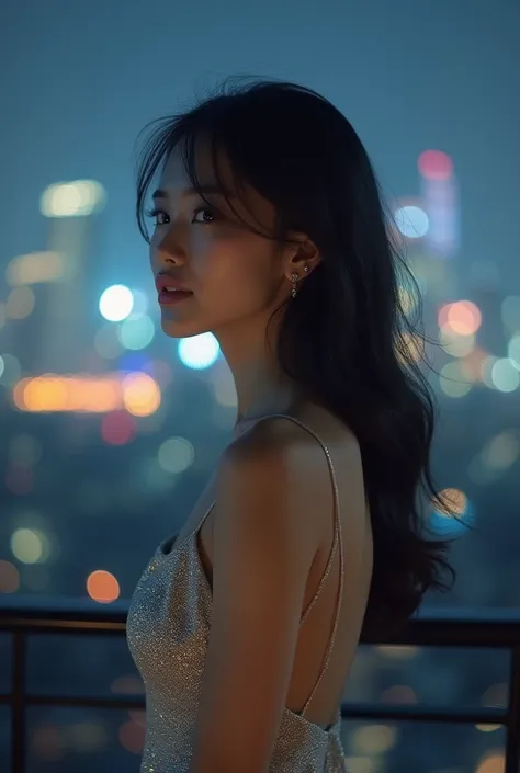 A beautiful Asian woman stands on a moonlit balcony, wearing a thin silver evening dress that shimmers under the lights. The cityscape in the background glows with soft flickering light, her hair gently flutters in the breeze, creating a pure and serene mo...