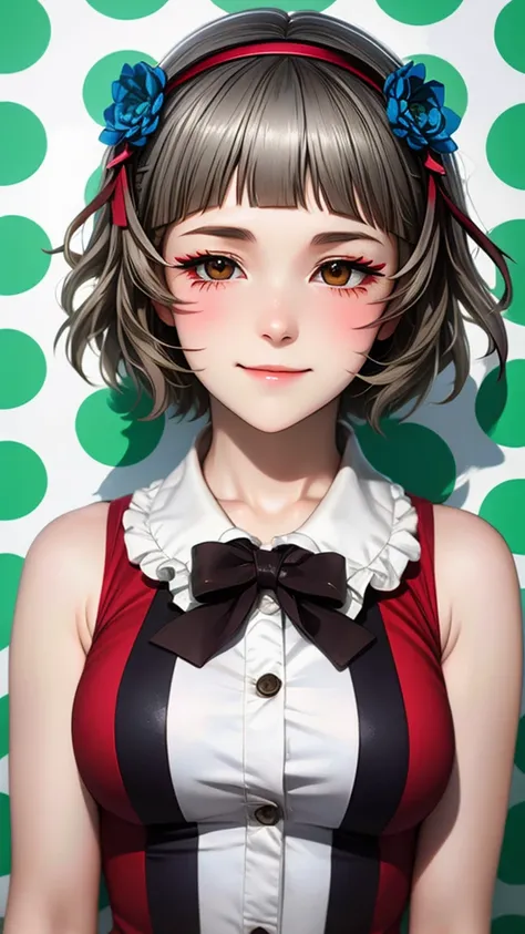 (((solo))), 1 woman, Sakuya Kurobane, sakuyaunif, kurobane_sakuya, (brown eyes), short hair, grey hair, black hairband, blue hair flower, red eyeliner, chest, blush, smile, (upper body), santa claus