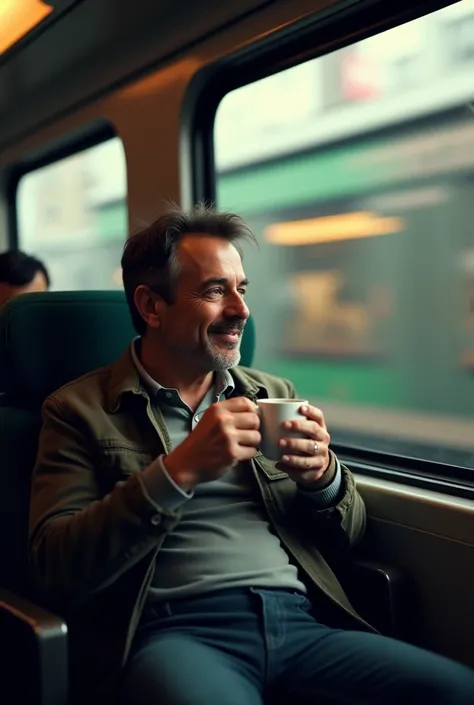 Jorge holding his coffee cup tightly, sitting inside the train with a faint smile, the window shows the blur of the moving cityscape outside, medium shot, hyper-realistic, photo realism, cinematography -ar 9:16