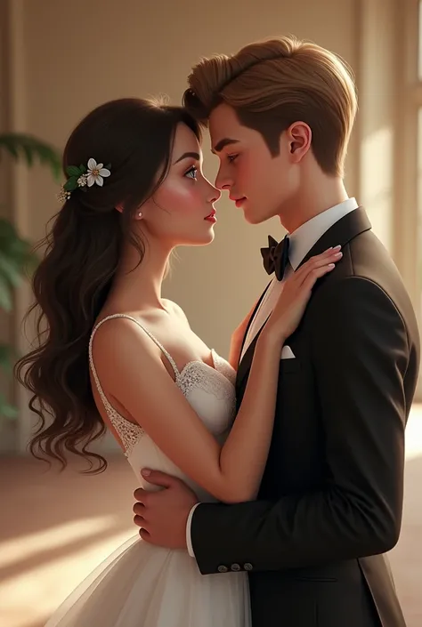 white girl with dark brown hair ,  brown eyes and pink lips in a wedding dress marrying a pale-skinned boy with dark blond hair almost brown, green-eyed with hazelnut , pink lips in a black suit  