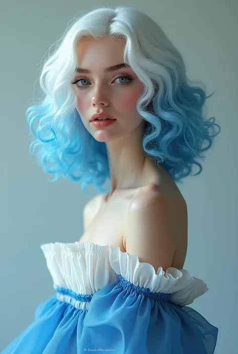 white hair with blue highlight, curly hair, short dress, outfit with blue and white