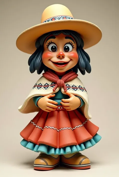 create an image of a plaster statuette of a Bolivian cholita from La Paz using a cartoon style 