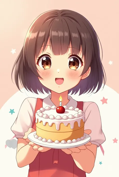 A anime girl holding out a cake with a smile