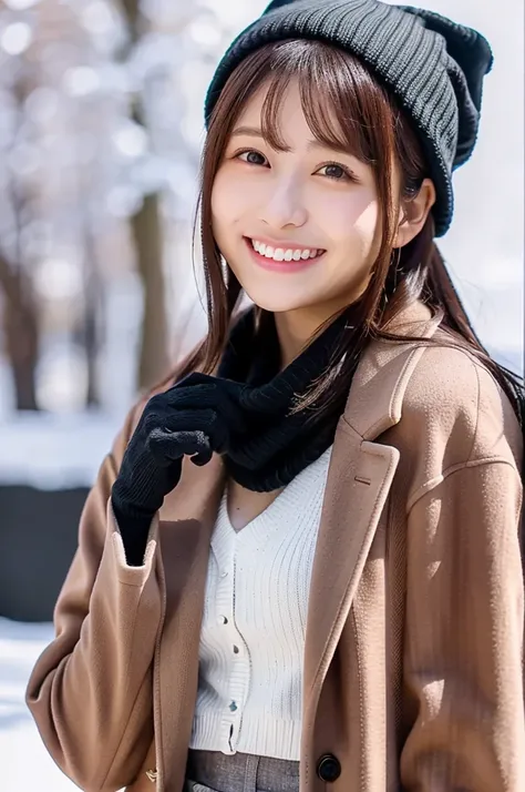 (masterpiece, best quality, perfect anatomy, highres, 8k, realistic, photorealistic, natural skin texture, no makeup:1.2), 1girl, solo, Japanese, female university student, age20, very cute, winter, (very cold day),
 (The snow is piling up, she is happy an...