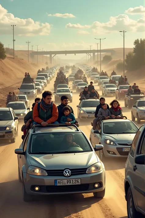  Syrians cross the border in their cars and return to Syria. The roads are full 