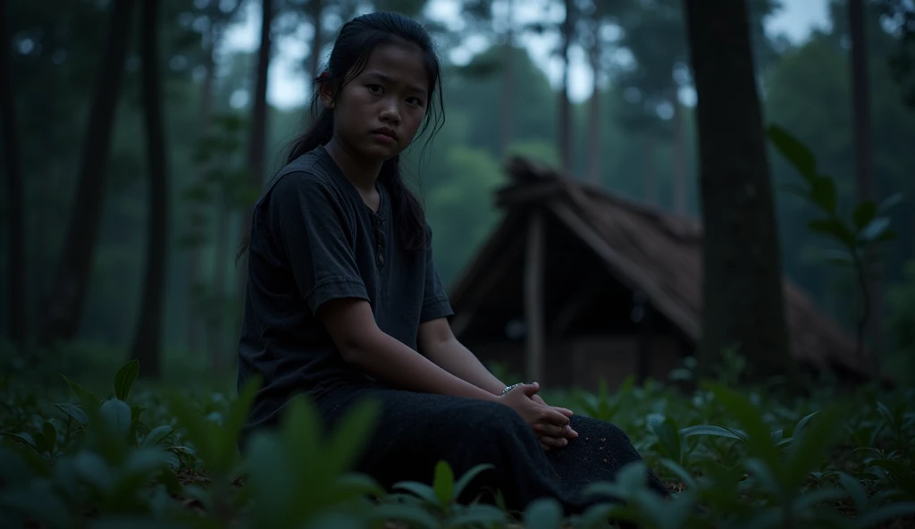 "((realistic photo)) A beautiful 19-year-old Indonesian girl with a worried and sad expression, wearing worn, dirty black batik clothes and a tattered black skirt, sitting in front of a simple hut in the middle of a dense forest at night. The atmosphere is...