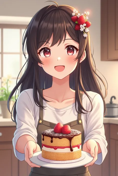 A mature anime girl holding out a cake with a smile