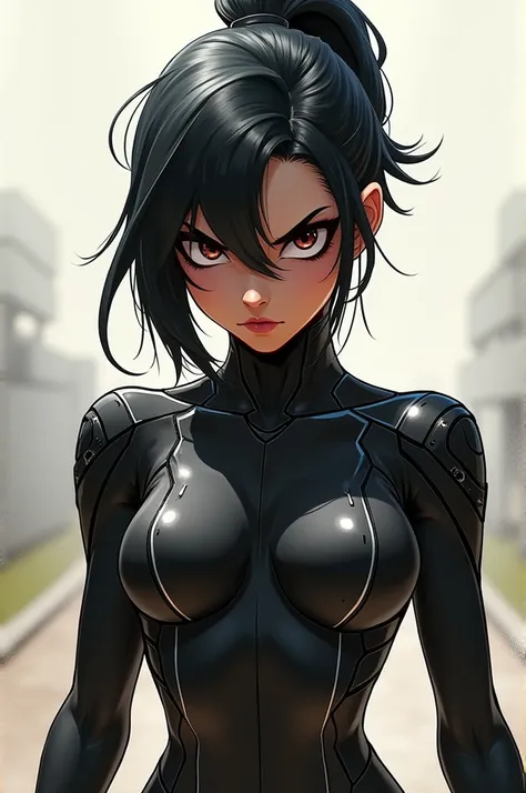 An 2D animated car-girl, black with furious eyes, looking fast