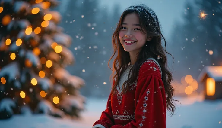 beautyful teen girl wearing red shots christmas dress celebrating christmas in a christmas tree snow fall and tinkling star sky