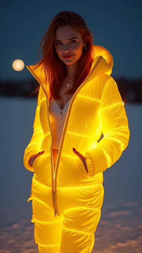 hyperrealistic beautiful busty 18 yo German woman, shiny high-gloss glowing yellow latex puffer snowsuit with glowing outlines and cleavage, realistic hazel eyes, Fashion-style image, premium quality clothes, mischievous smile and eyes wide open, decent ma...