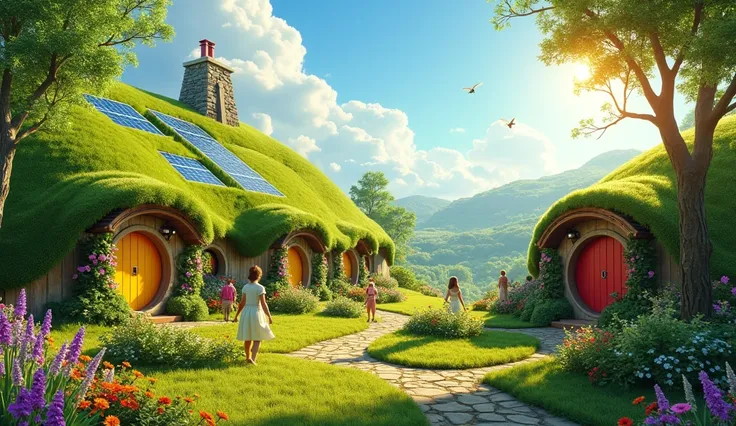 A bright solarpunk village inspired by the idyllic Shire, featuring lush green hills, flourishing gardens, and eclectic, eco-friendly hobbit homes with round doors and thatched roofs. Solar panels glisten atop playful buildings entwined with colorful vines...