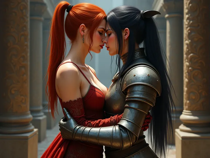 Two girls kissing, hold close in ones arms as a way of showing love or affection. undressing, full body, Dragon Age, Detailed palace background. A British woman, Brown eyes, Medium red hair, Straight ponytail, mage armor, Athletic body, abs, muscular defin...