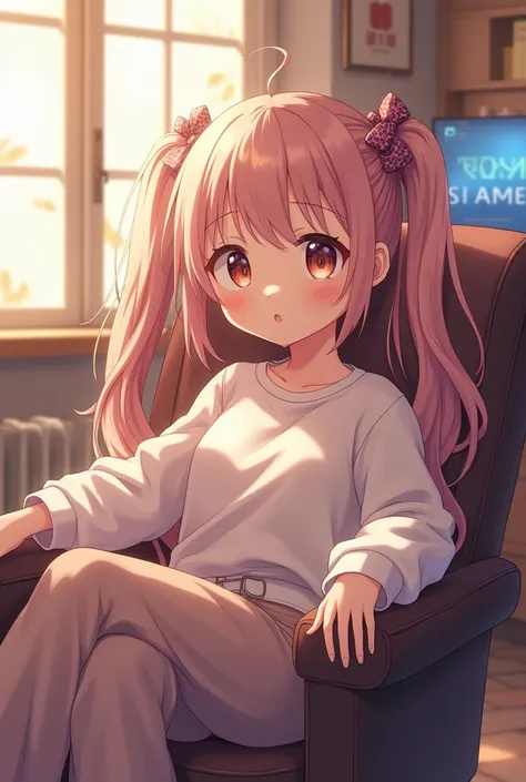 A cute  anime girl age 18 with long hair and baggy clothes sit on  gaming front side face and two thik pony teles
chair and baground have anime  pic and youtube  name story teller riha 