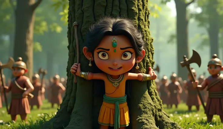 A grown-up Mrigakshi wraps her arms around a large tree, her face determined and fearless. Around her, soldiers with axes look conflicted. The forest in the background is dense and vibrant, emphasizing the life she is protecting.
3d animation style
