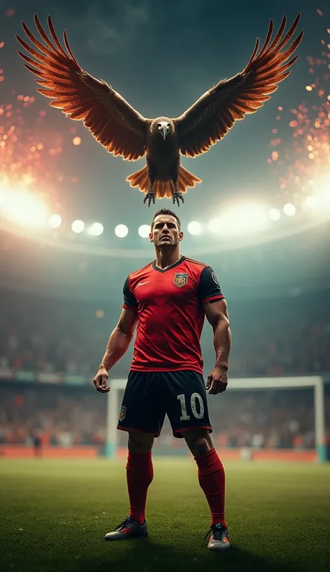 "A strong, realistic 4K Flamengo football player, wearing the iconic red and black uniform, stands on the lawn of a packed stadium, with a determined expression and confident stance. Above him, a majestic vulture flies in circles, its open wings reflecting...