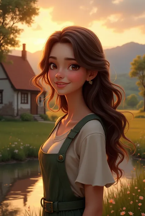 Create a young lady with brown hair smiling with the scenery being a cousin at dusk 