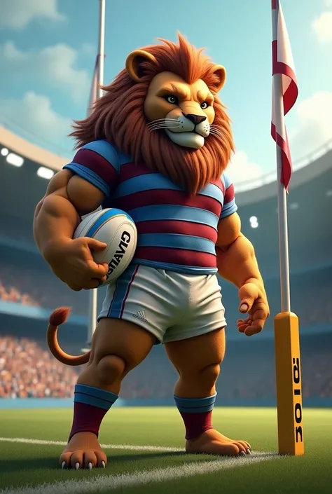 I want a muscular lion standing on a rugby field behind the kicking post wearing a jersey which has light blue and maroon horizontal lines. Holding a ball placed on his hip. Looking to the forward. (The image should be taken from behind). Then there should...