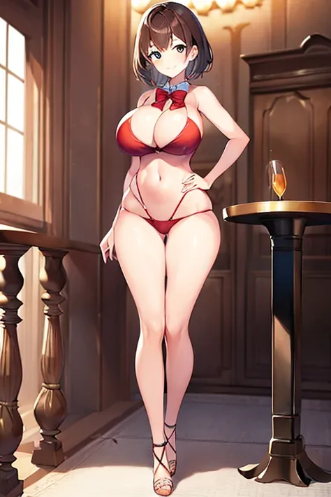 1girl, light smile, large breasts, hourglass figure, standing, ((standing)), full body, ((full body)), toned, very short hair, brown hair, tall, cleavage, navel, ((navel)), bikini, bare legs, bare shoulders, sleeveless, high heels, red bowtie, bowtie, arms...