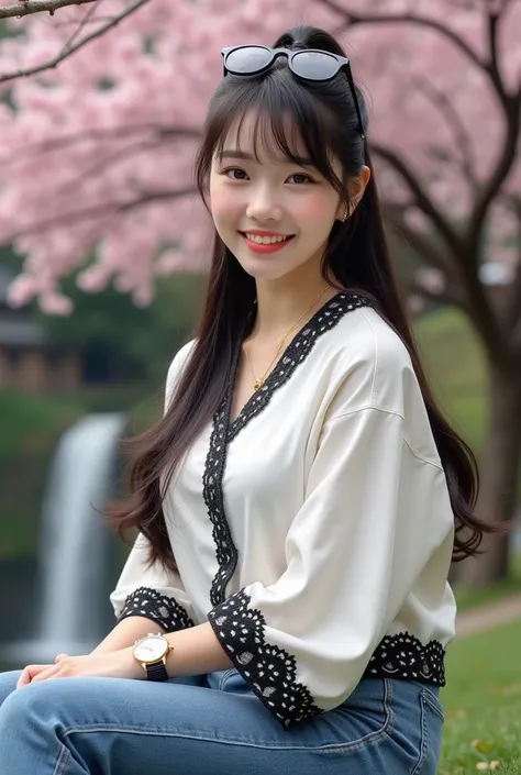 A beautiful Korean girl, long ponytail hair, glasses on her head, a thin smile looking at the camera, a proportional fat body, wearing a white and black cossack type shirt with elegant lace embroidery, wearing jeans, wearing Jordan sneakers, wearing a wome...