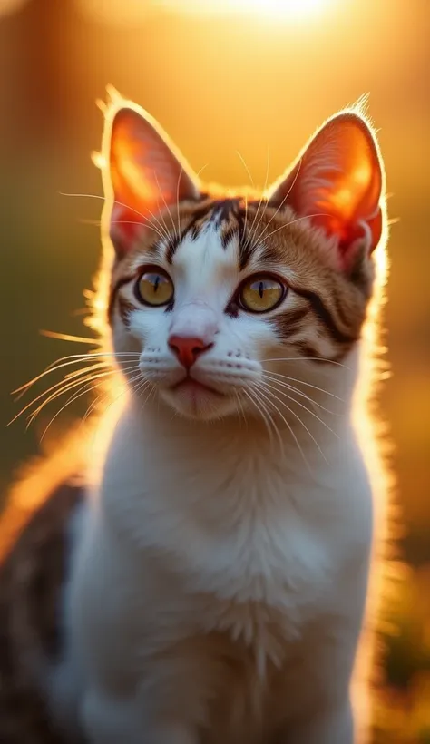 Stunning full-body close-up portrait of a beautiful short-haired british cat illuminated by the soft golden light of a quiet morning, with a vibrant bokeh ball gently framing its delicate shape .