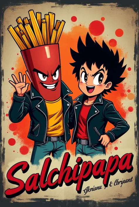  Salchipapa restaurant logo, Retro 80s rock, hard rock, Make it look more rocker, Say the name of "FRENCH FRIES WITH SAUSAGE"   anime style (non-humans)