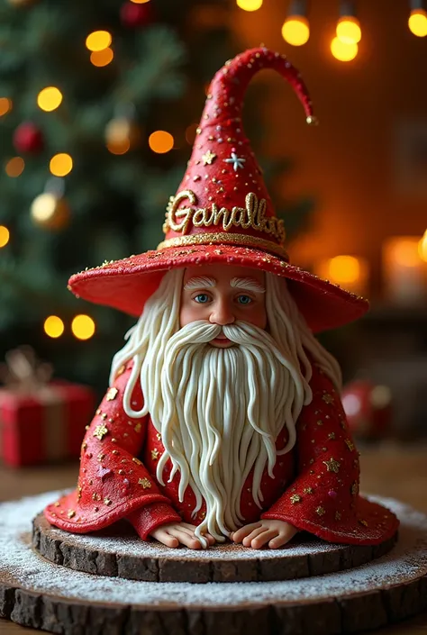 A birthday cake that bears the name of GANDALF and that represents Christmas lighting with elements of Caleña sauce