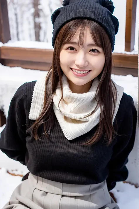 (masterpiece, best quality, perfect anatomy, highres, 8k, realistic, photorealistic, natural skin texture, no makeup:1.2), 1girl, solo, Japanese, female university student, age20, very cute, winter, (very cold day),
 (The snow is piling up, she is happy an...