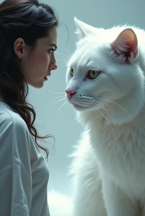 Women and white cat face off