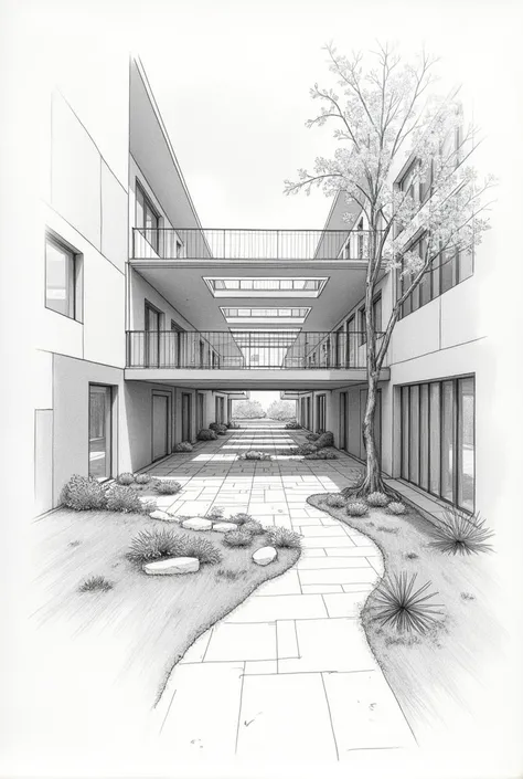 An architectural pencil sketch of the interior layout of a nature-based school building. The design emphasizes efficient circulation, ensuring direct connections between key spaces such as classrooms, teachers rooms, common facilities, and open spaces. The...