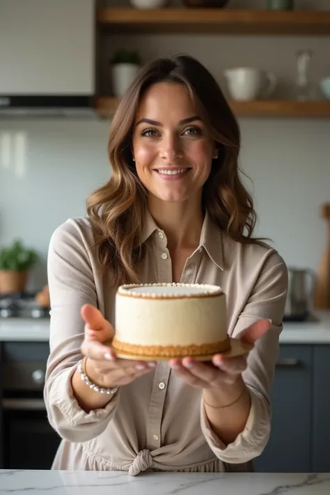 Grown woman holding out a cake