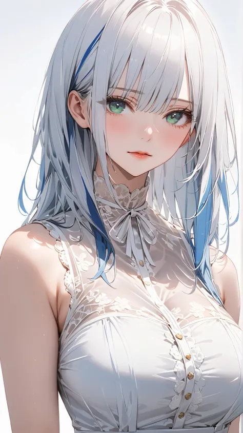 face details,semi realistic, Masterpiece, Master work, perfect , 4k, 1woman, full body display, adult woman, mature body, big breast breasts, straight shoulder-length hair, flat bangs hair style, white hair, white colored hair, (((blue-streaked white hair)...