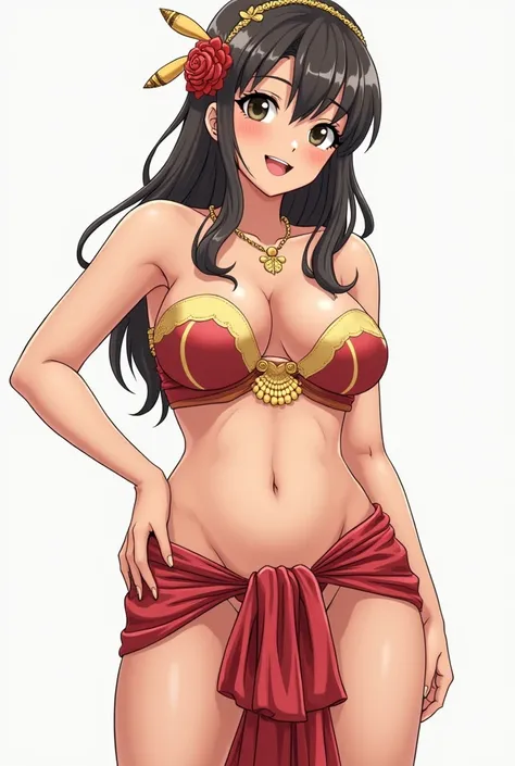 Draw me a Myanmar national anime girl witg big breasts and big butt wearing longyi and without underwear and tightly 