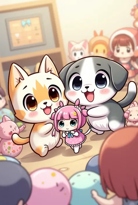 Chibi cartoon
The little cat, the little dog, is playing to pinch the doll
There are a lot of dolls
Japanese Anime Picture Style