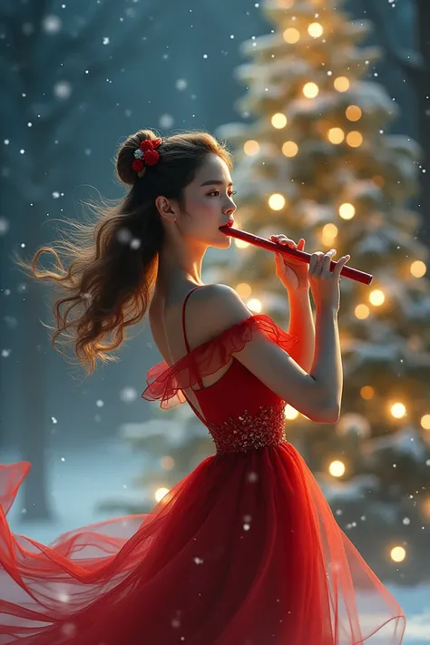 beautyful **** girl wearing red shots christmas dress celebrating christmas in a christmas tree snow fall and tinkling star sky playing flute