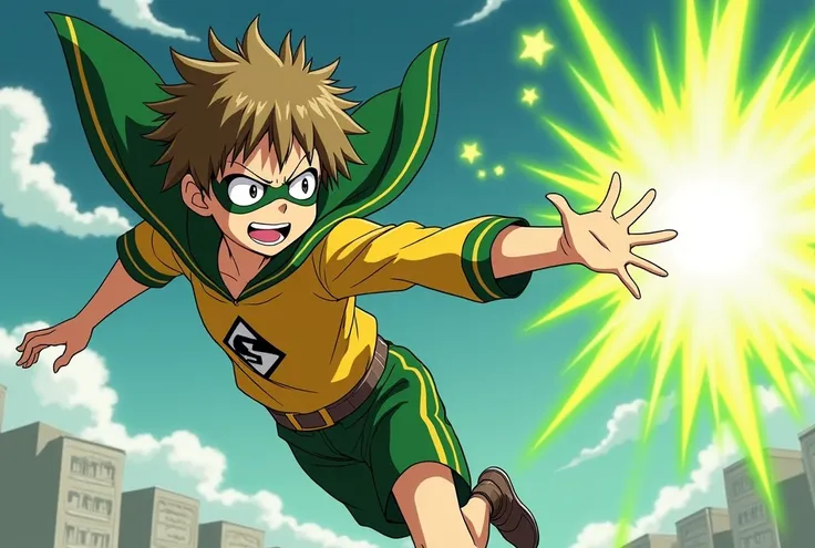 super hero, boy of s, light brown hair, flying, clothes yellow and green, a gritty look, my hero academia icon on chest, anime style, with mask for eyes, fighting shigaraki from my hero academia, shooting green power beam (two hands) at shigaraki, side vie...