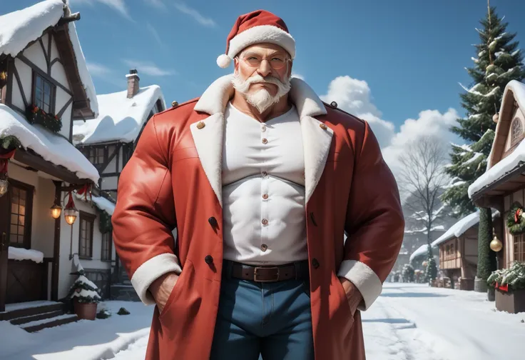 lindong, solo, old man, pants, white tshirt, outer furr jacket, santa hat, look from far, standing in village, houses, many houses, snow, winter, Christmas tree, Christmas decoration, muscular, night, dark, winter hat, semirealistic:2.3, hi res, 8k, wide l...