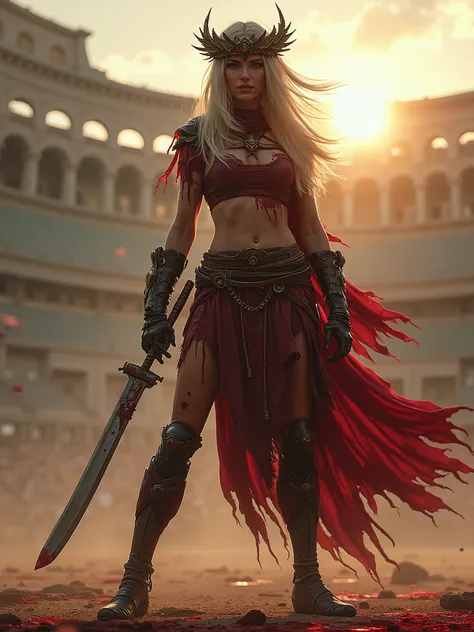 Elf-lady  gladiator Shouted, (body and clothes in enemies blood), ((hold net and short knife in blood)), ((left leg prothesic cybernetic)), dust around, clothes dirty torned in gladiator style, (( laurel crown in blood )), Location Coliseum (sunsed darknes...