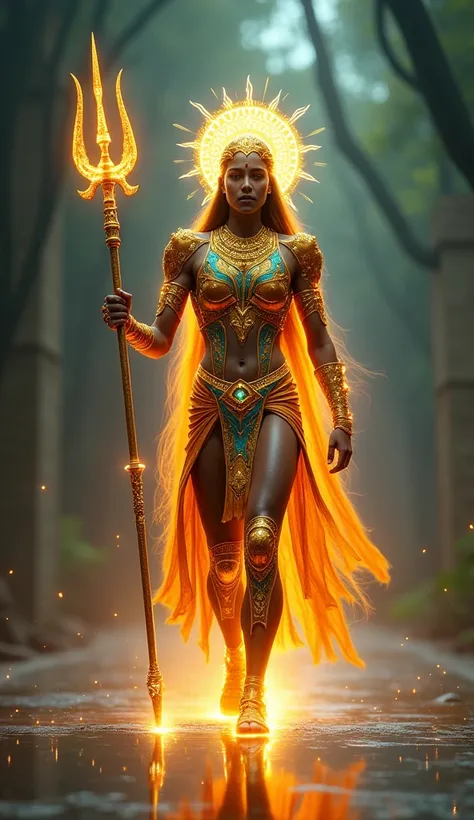 Animate a futuristic Indian warrior walking with pride and grace. The warrior strides forward with a purposeful, confident gait, their glowing golden nanotech armor shimmering with dynamic saffron and turquoise patterns. The plasma trident they carry radia...