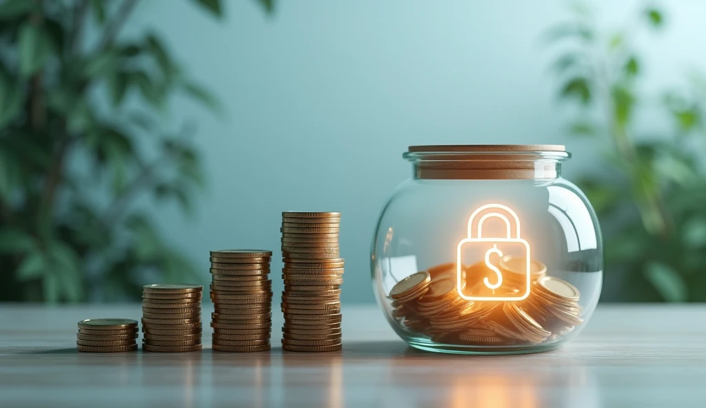 Visualize a growing stack of coins and cash representing savings goals, labeled increments like $500, $1,000, and 3-6 Months Expenses. Nearby is a secure glass jar or lockbox glowing softly, symbolizing accessibility yet restraint. The background includes ...