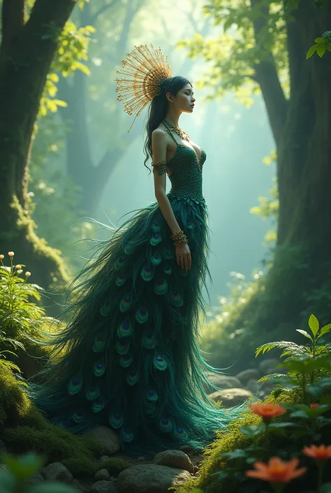 Peacock and women make hybrid animal in the forest 