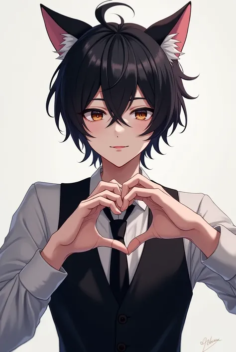 Anime drawing 18 year old guy with black hair cat ears wearing black vest black tie shaking hands in heart shape